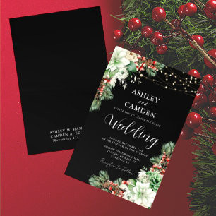 Winter Evergreen and Berries Black Wedding Invitation