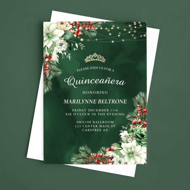 Winter Evergreen and Berries Emerald Quinceañera Invitation (Creator Uploaded)