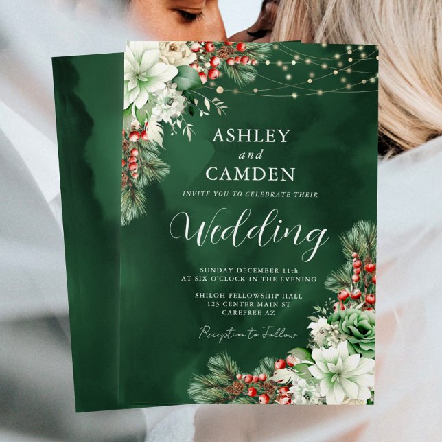 Winter Evergreen and Berries Emerald Wedding Invitation (Creator Uploaded)