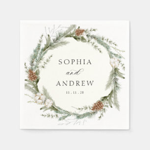 Winter Evergreen and Cotton Wedding Napkins