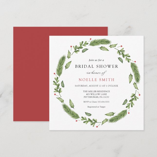 Winter Evergreen and Holly Bridal Shower Invitation (Front/Back)