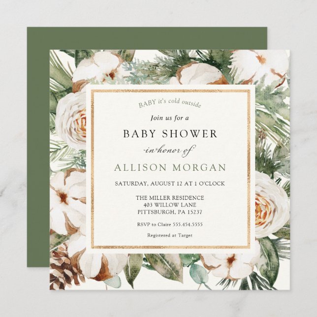 Winter Evergreen and Pine Baby Shower Invitation (Front/Back)