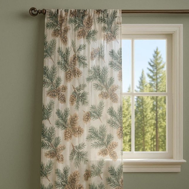 Winter Evergreen and Pine on White  Sheer Curtains (Evergreen and Pinecone's sheer curtain perfect look for cozy reading nook  (AI mockup))