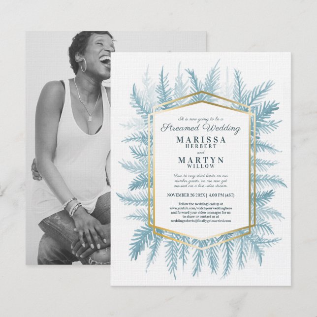 Winter evergreen art blue stream wedding invitation (Front/Back)