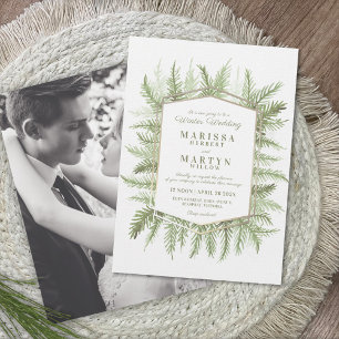 Winter evergreen art green rescheduled wedding invitation