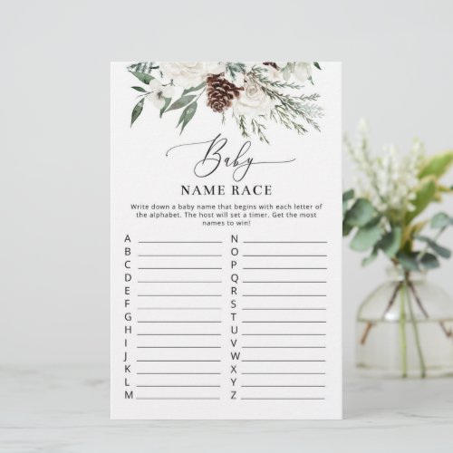 Winter evergreen baby name race baby shower game
