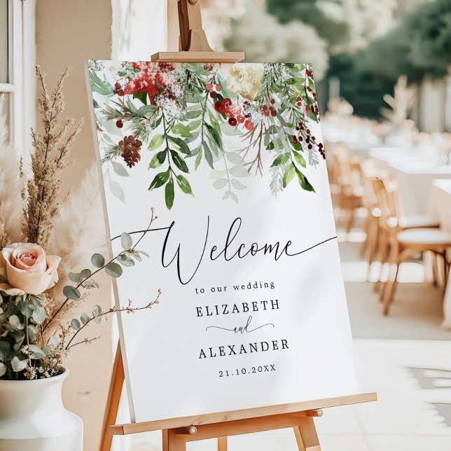 Winter evergreen berry elegant wedding welcome foam board (Creator Uploaded)