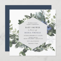 Winter Evergreen Blue Baby Shower Invitation