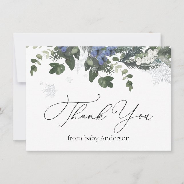Winter Evergreen Blue Baby Shower Thank You Card (Front)