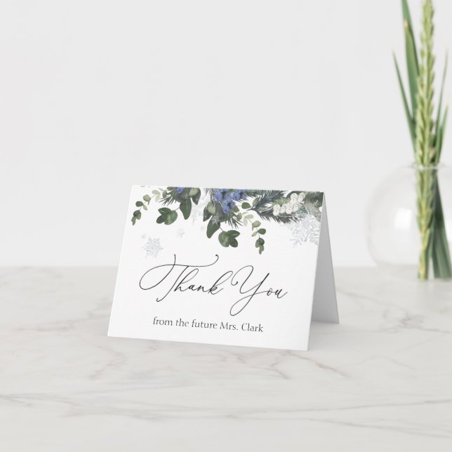 Winter Evergreen Blue Bridal Shower Thank You Card (Front)