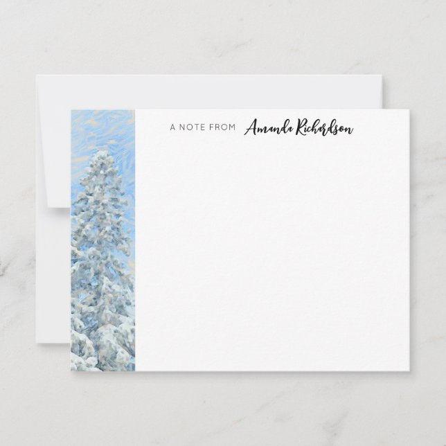 Winter Evergreen Blue Sky Painterly Flat Note Card (Front)