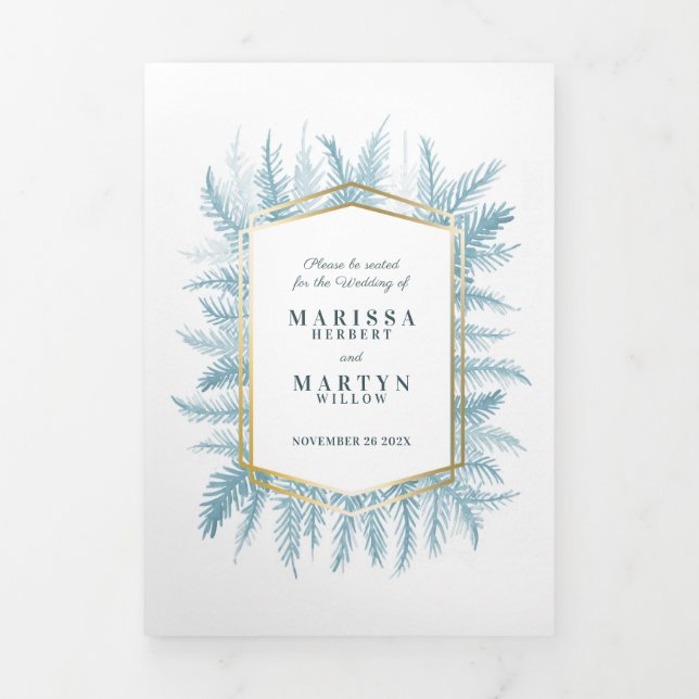 Winter evergreen blue spruce photo winter wedding Tri-Fold program (Cover)