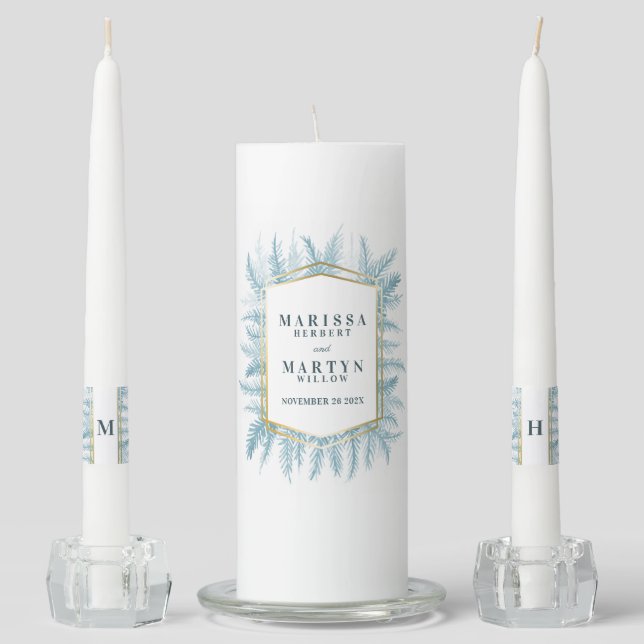 Winter evergreen blue spruce winter wedding unity candle set (Front)