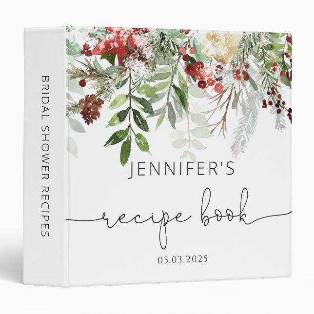 Winter Evergreen Bridal Shower Recipe Book 3 Ring Binder (Front/Spine)