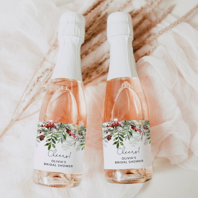 Winter evergreen bridal shower Sparkling Wine labe Label (Creator Uploaded)