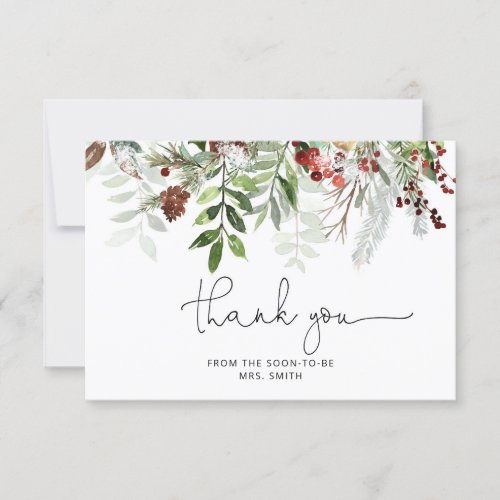 Winter evergreen bridal shower thank you card