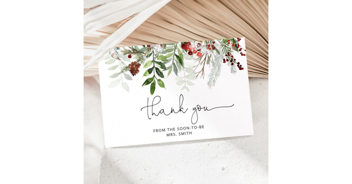 Winter evergreen bridal shower thank you card | Zazzle