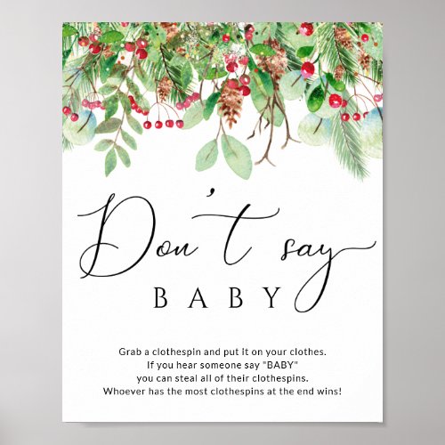 Winter evergreen Dont say baby shower game poster