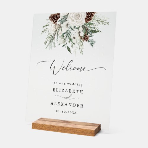 Winter evergreen elegant wedding welcome acrylic sign