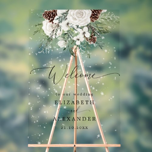 Winter evergreen elegant wedding welcome acrylic sign