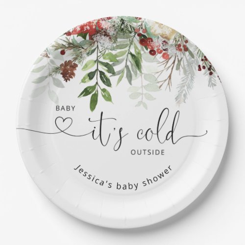 Winter evergreen festive foliage baby shower paper plates