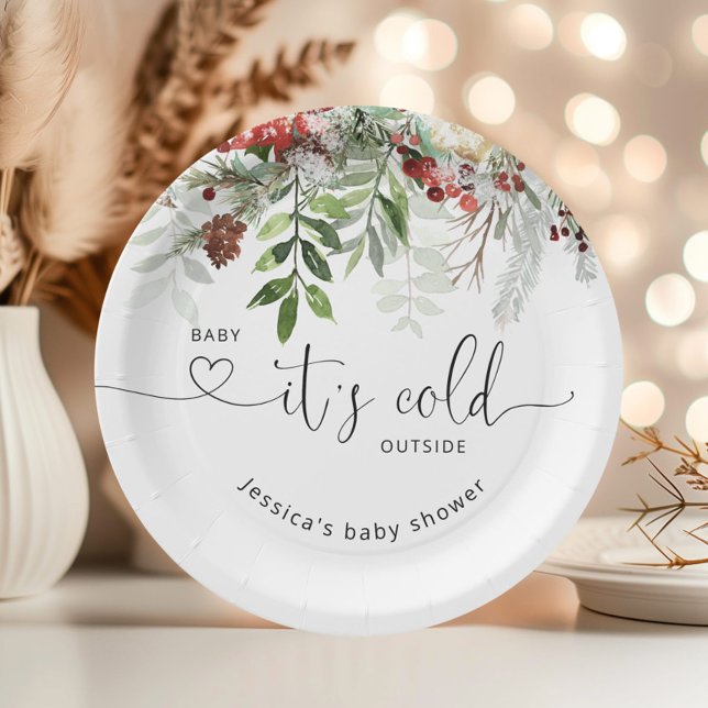 Winter evergreen festive foliage baby shower paper plates (Creator Uploaded)