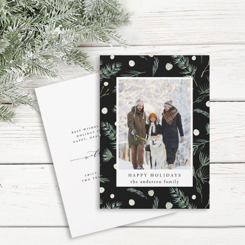 Winter Evergreen Foliage Photo Black  Holiday Card