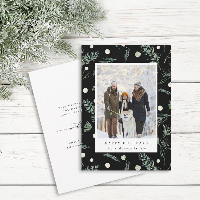 Winter Evergreen Foliage Photo Black  Holiday Card (Creator Uploaded)