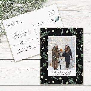 Winter Evergreen Foliage Photo Black Holiday Postcard