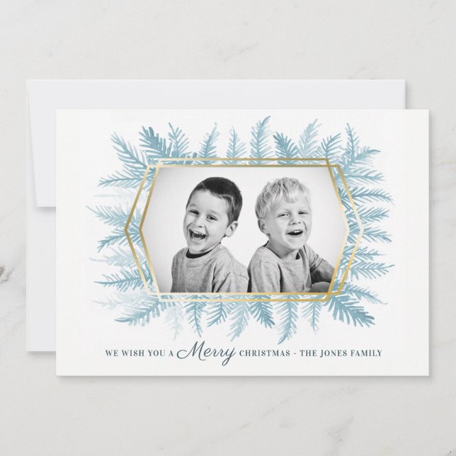 Winter evergreen foliage watercolor blue holiday card (Front)