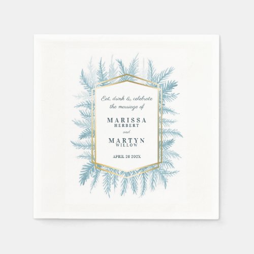 Winter evergreen foliage watercolor blue wedding napkins