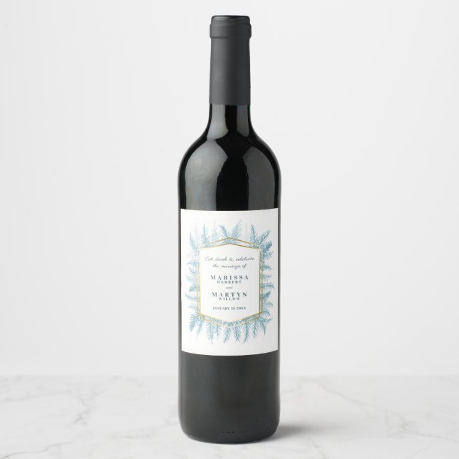 Winter evergreen foliage watercolor blue wedding wine label (Front)