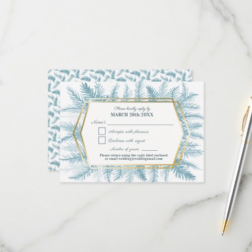 Winter evergreen foliage watercolor gray blue RSVP card