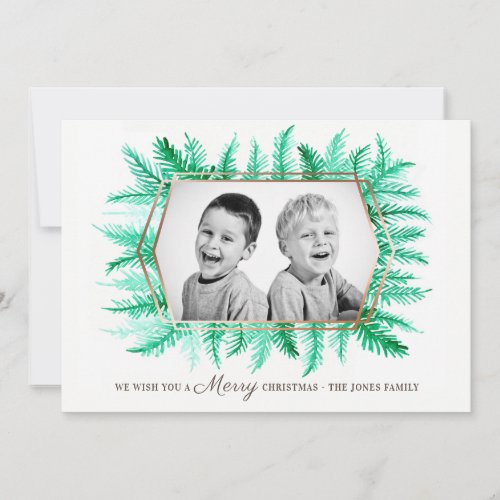 Winter evergreen foliage watercolor green holiday card