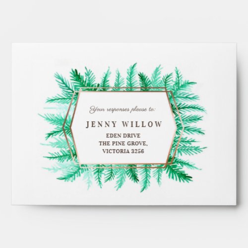 Winter evergreen foliage watercolor green wedding envelope