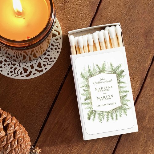 Winter evergreen foliage watercolor green wedding matchboxes