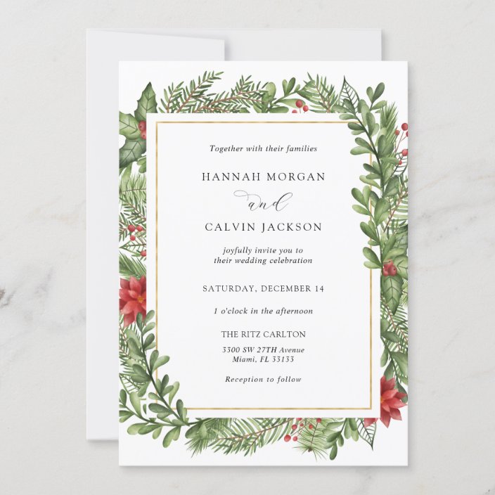 Winter Evergreen Gold Frame Wedding Invitation | Zazzle