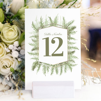 Winter Evergreen Green Pine Art Wedding Table Number by mylittleedenweddings at Zazzle