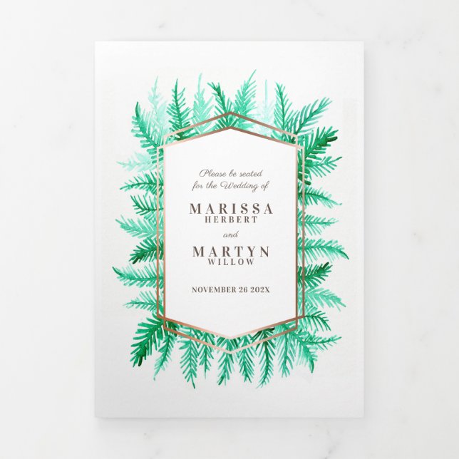 Winter evergreen green pine photo winter wedding Tri-Fold program (Cover)