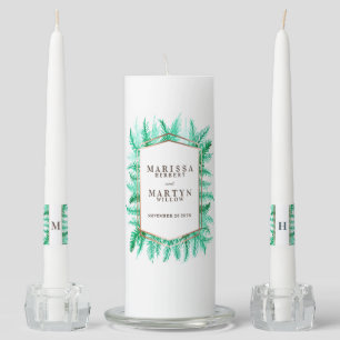 Winter evergreen green pine winter wedding unity candle set