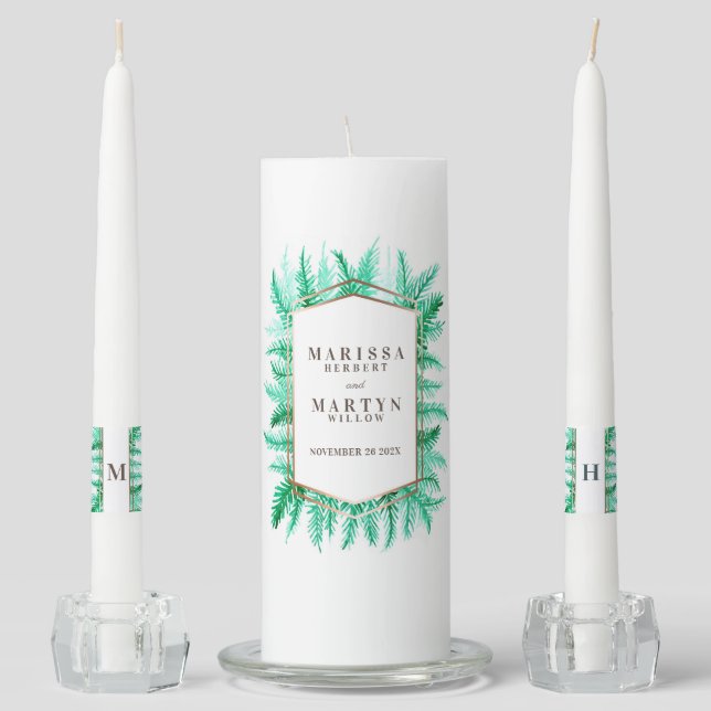 Winter evergreen green pine winter wedding unity candle set (Front)