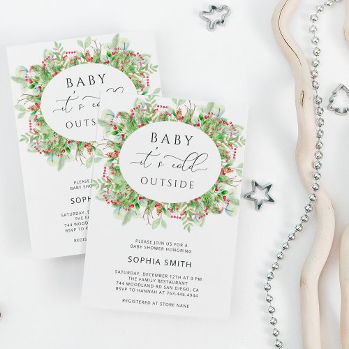 Winter evergreen its cold outside baby shower invitation