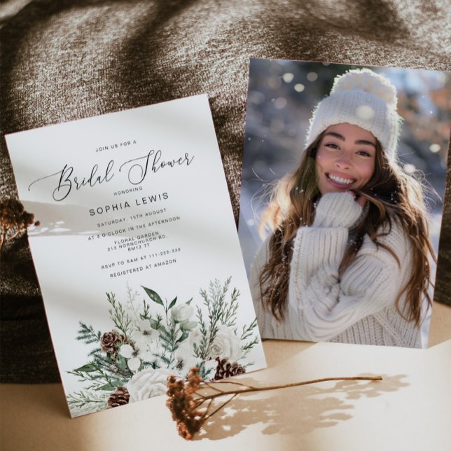 Winter evergreen modern photo bridal shower invitation (Creator Uploaded)