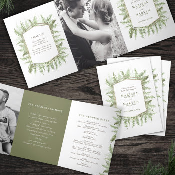 Winter Evergreen Olive Green Photo Winter Wedding Tri-fold Program by mylittleedenweddings at Zazzle