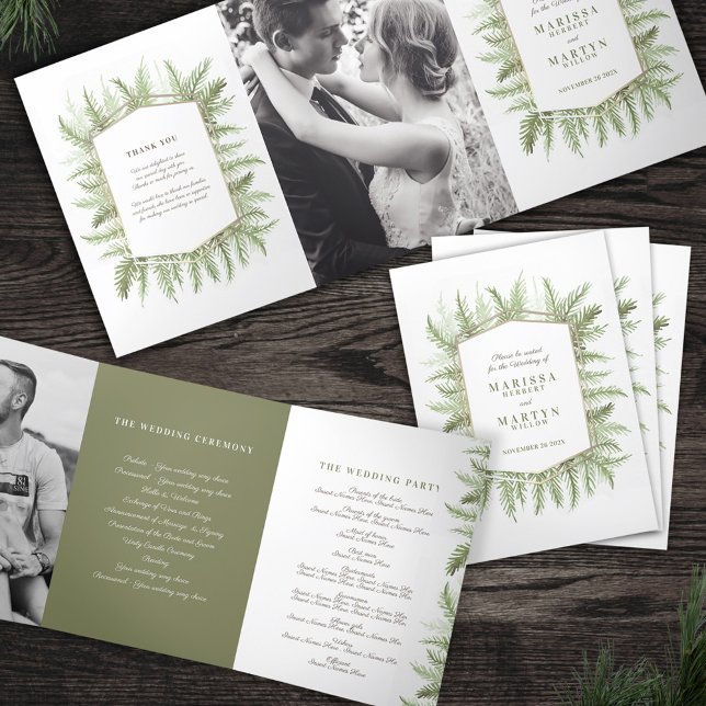Winter evergreen olive green photo winter wedding Tri-Fold program (Creator Uploaded)