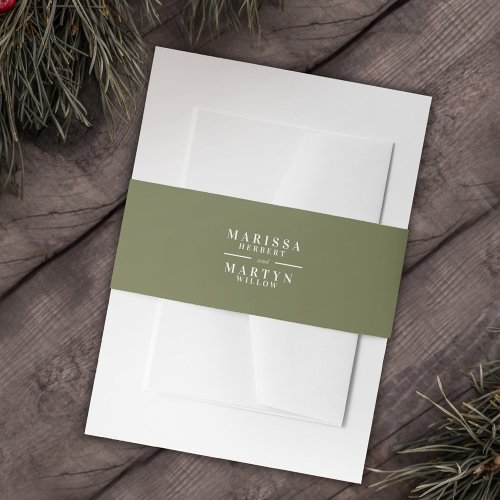 Winter evergreen olive green white couples names invitation belly band