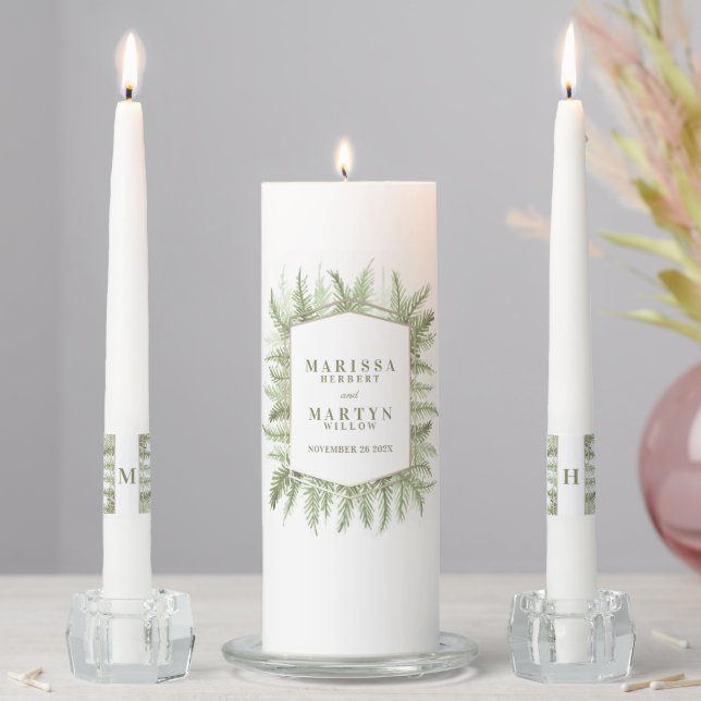 Winter evergreen olive green winter wedding unity candle set (In Situ)