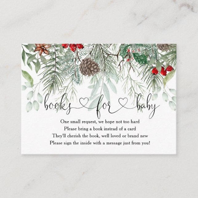 Winter Evergreen Pine Baby Shower Books For Baby Enclosure Card (Front)