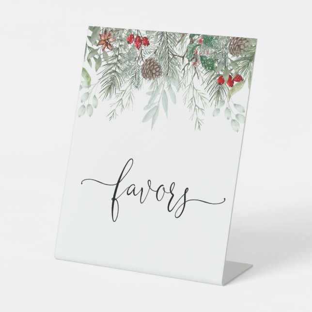 Winter Evergreen Pine Baby Shower Favors Pedestal Sign (Front)