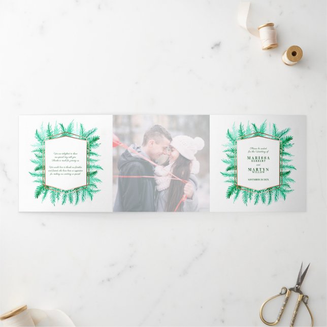 Winter evergreen pine photo winter wedding green Tri-Fold program (Outside)